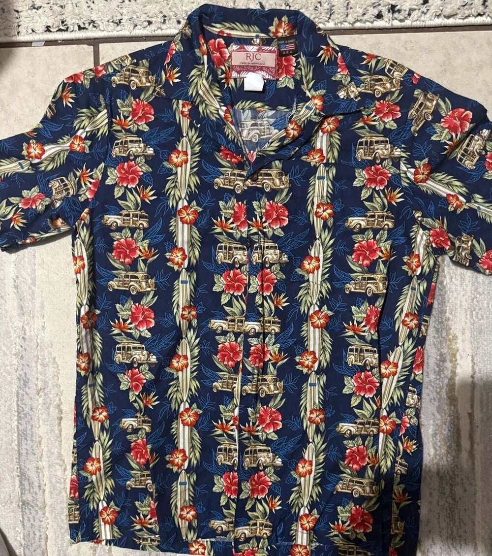 RJC Men's Hawaiian Shirt Surfboard and Hibiscus Print Button Down Made in Hawaii